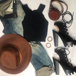 Black Platform Peep toe Rope up Booties